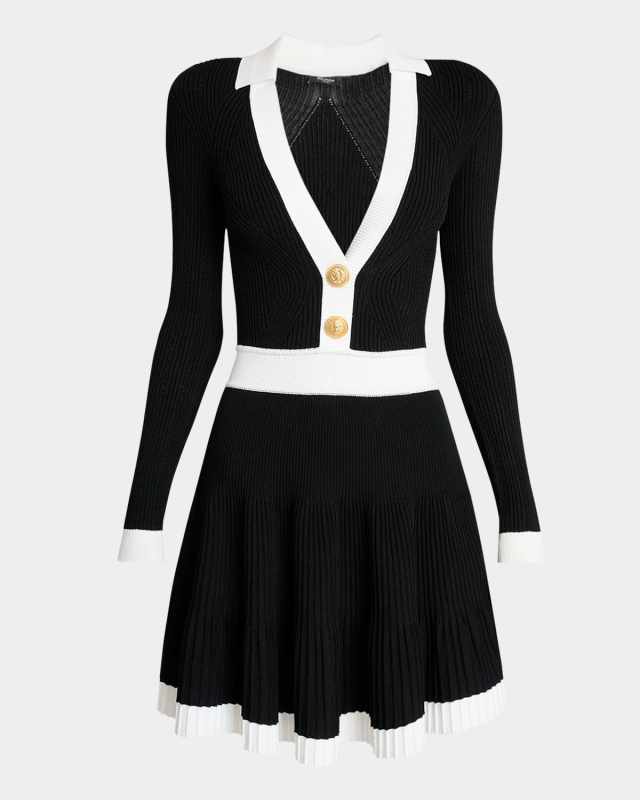 Long-Sleeve V-Neck Flared Knit Dress